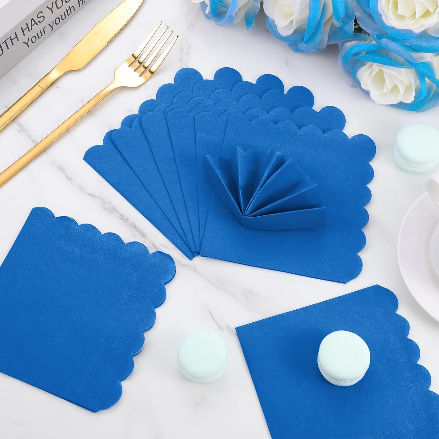 120 Pcs Royal Blue Napkins, Scalloped Blue Cocktail Napkins Disposable Beverage Dessert Napkin Patriotic Paper Napkin for Bar Birthday Baby Shower, 5 x 5 Inch