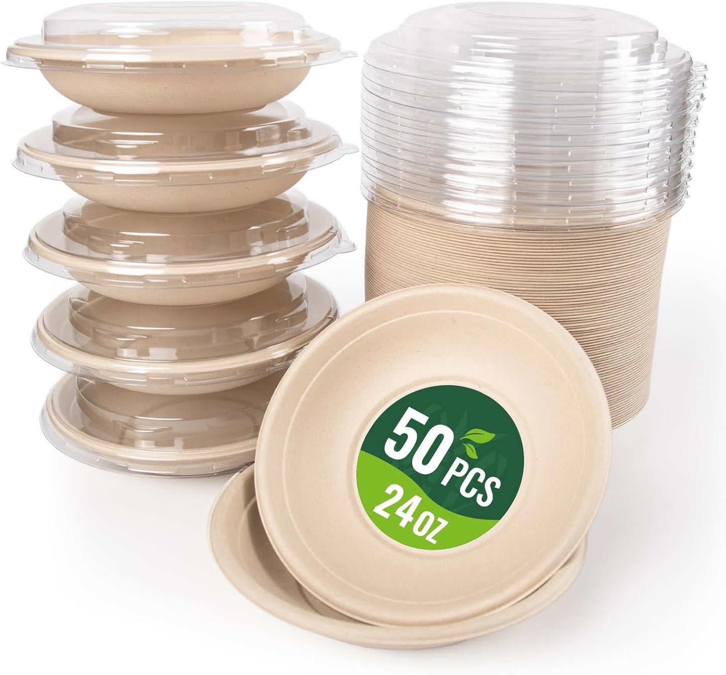 50-Pack 24oz Round Disposable Bowls with Lids - 100% Sugarcane Fiber, Paper Round Bowls for Soup, Salad, Ramen, Popcorn