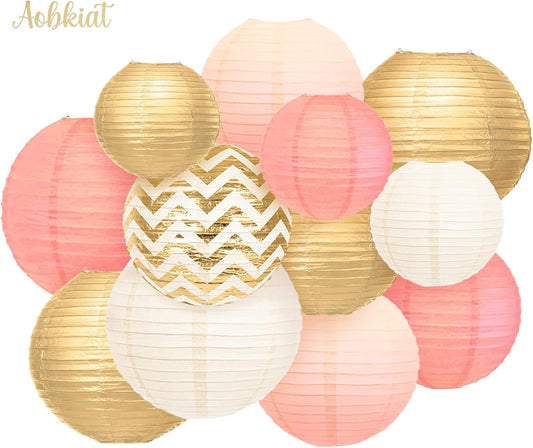 AOBKIAT Pink Birthday Party Decorations for Women Girls,12 Pcs Gold Hanging Paper Lantern for Wedding Engagement Bridal Baby Shower Bachelorette Party Supplies