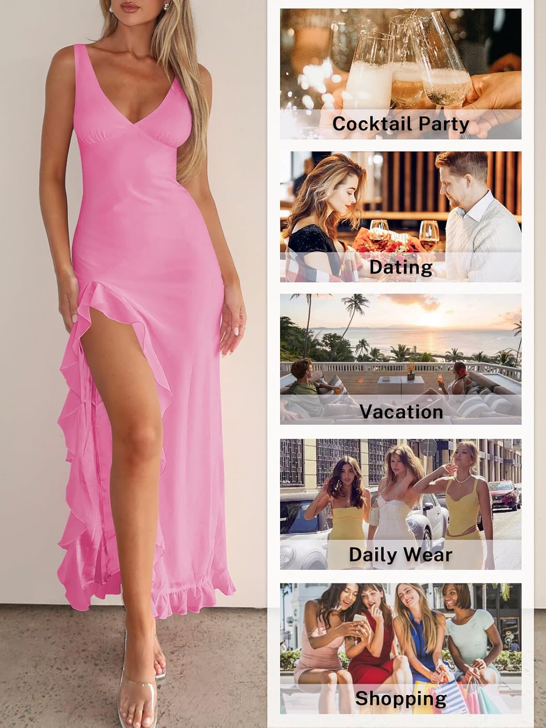 Women Sexy V Neck Sleeveless Mesh Ruffle Hem Bodycon Maxi Casual Backless High Slit Cocktail Party Dress