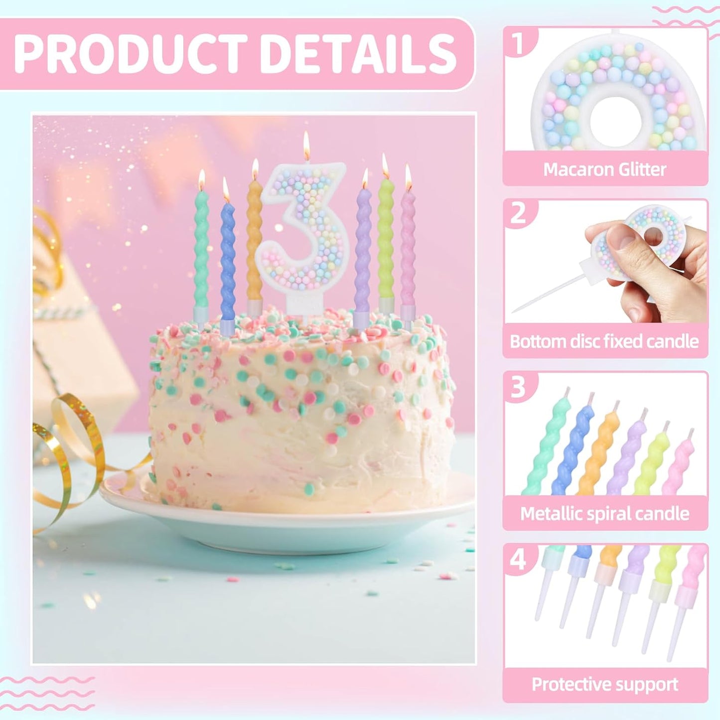Number Birthday Candles for Cake with 12 Pieces Spiral Candles with Macaron Pastel Rainbow Pink Cake Toppers for Girls Happy Birthday Party Decorations (Number 3)