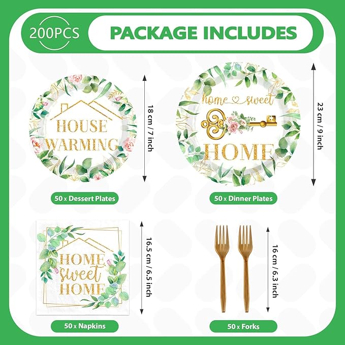 Grencian 200Pcs House Warming Party Decorations Housewarming Plates Disposable Home Sweet Home Plates Green Leaves Pink Floral Paper Tableware for New House Wedding Party Supplies, Serves 50