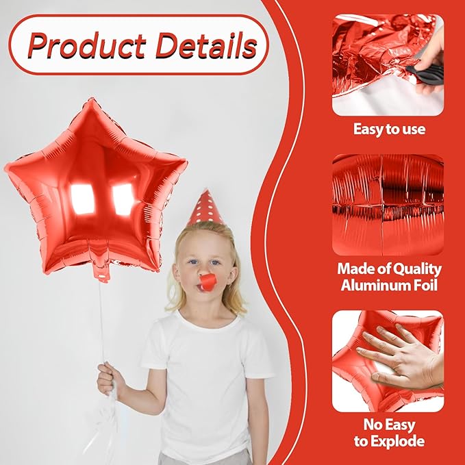 Red Star Balloons Foil, 10PCS Red Foil Stars Shape Balloons, 18 Inch Metallic Stars Balloon for Helium Pentagram Balloon for Birthday, Anniversary, New Year, Christmas Party Decoration