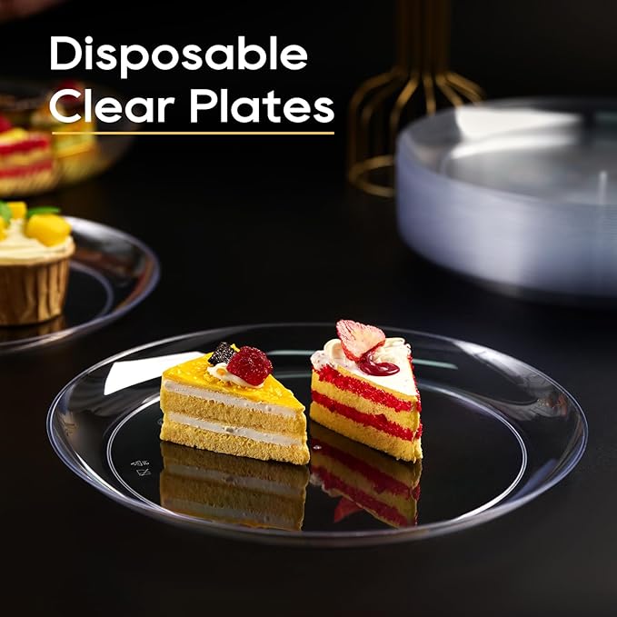 FOCUSLINE 100 Count Clear Plastic Plates 10 Inch, Disposable Dinner Plates Heavy Duty- Premium Clear Hard Plastic for Weddings, Parties and Events