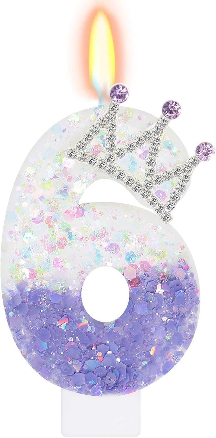 Purple White Number 6 Candle, Glitter Crown Cake Topper, Princess Birthday Party Decorations for Girls and Women Anniversary Celebrations Party Favors