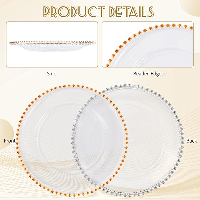 24 PCS Clear Round Charger Plates with Beaded Rim, 13 Inch Plastic Acrylic Plate, Plastic Round Beaded Dinner Decorative Service Plates for Wedding Party Event, Home Kitchen Tabletop(Orange)