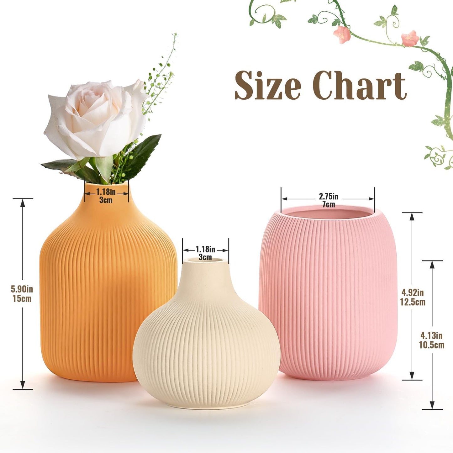 Boho Vase Set of 3, Modern Colorful Ceramic Vases with Ribbed Texture, Minimalist Home Decor for Centerpiece, Shelf & Tabletop - Boho Chic Touch for Neutral & Transitional Spaces