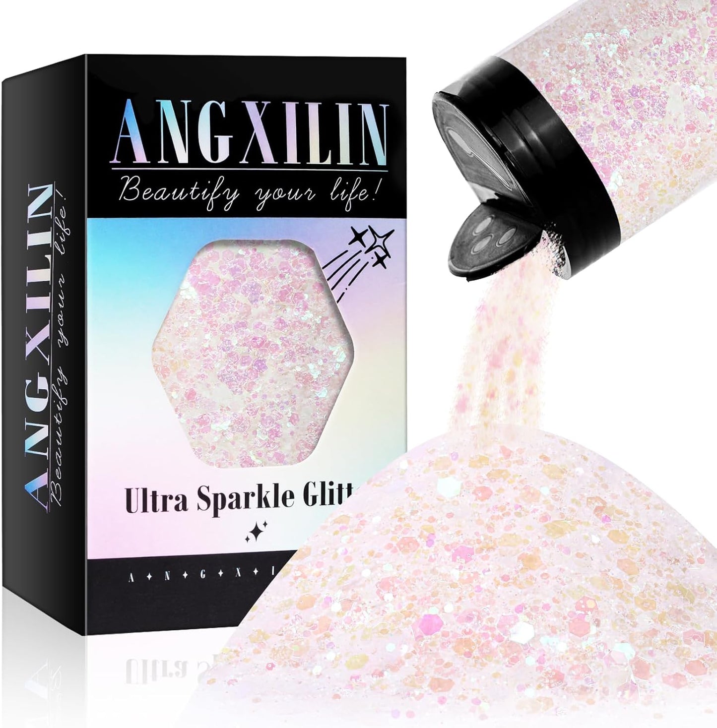 Chunky and Fine Mix Glitter, 190g/6.7oz - Holographic, Bulk Laser Sequin Glitter for Face, Body, Nail Art, Epoxy Resin Tumbler & Jewelry Making