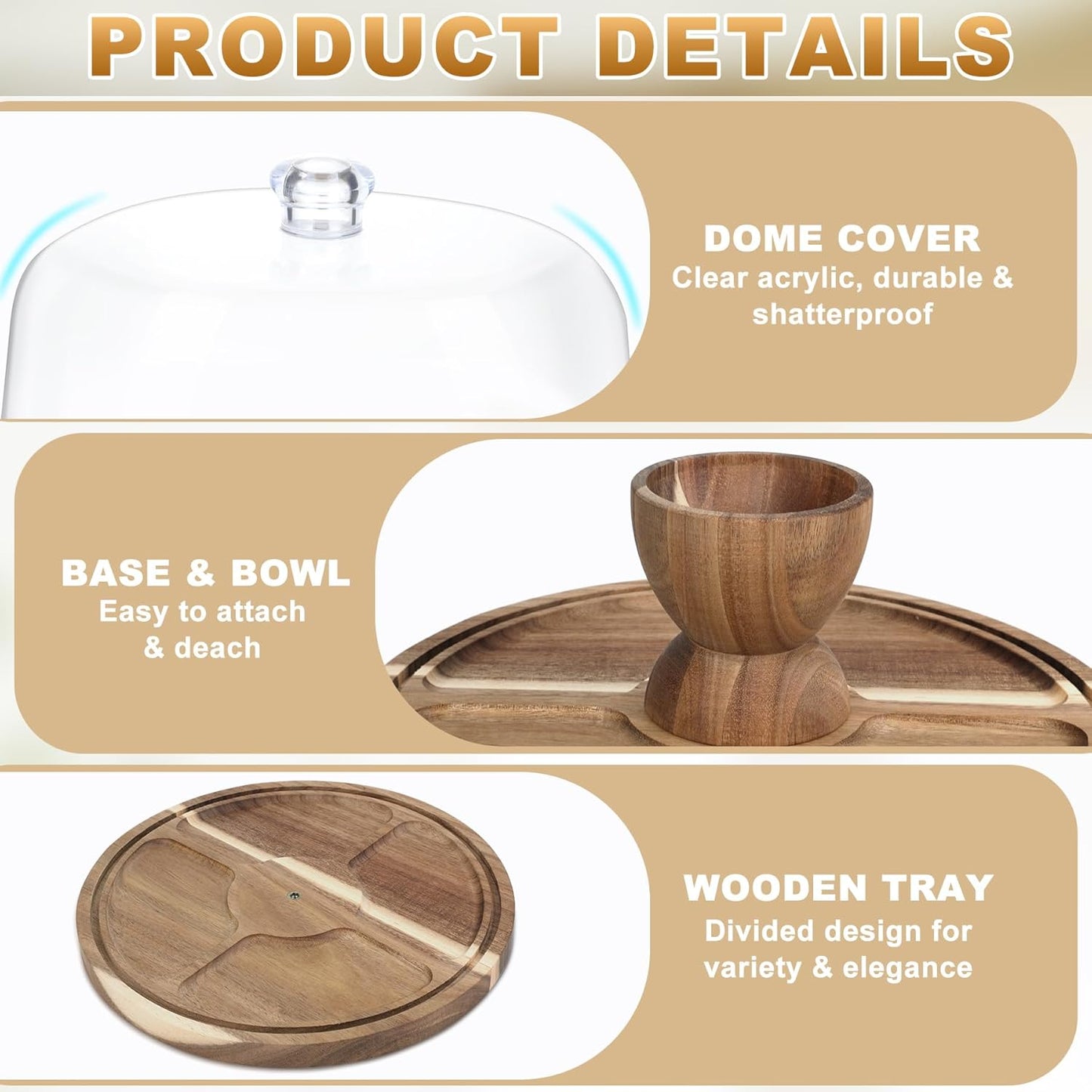 Acacia Wood Cake Stand with Lid, 12'' Round Cake Holder with Clear Acrylic Cover, 2 in 1 Dessert Table Display Set & Charcuterie Board, Kitchen Decor for Birthday or Wedding