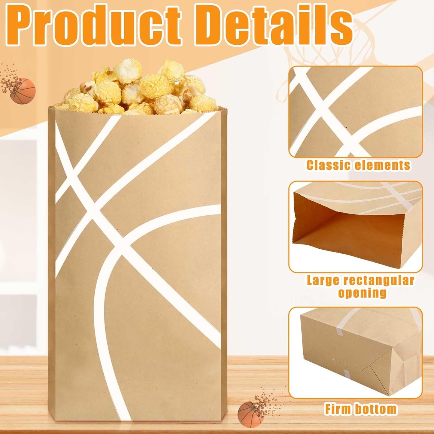 100 Pcs Basketball Popcorn Bags Large Brown Kraft Papers Disposable Basketball Theme Candy Treat Bags for Sports Party Birthday Supplies