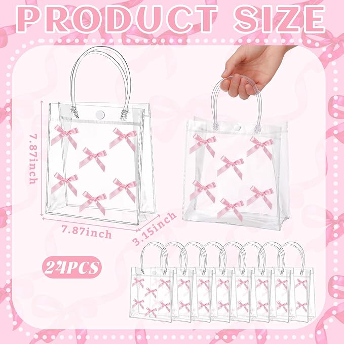 Tioncy 24 Pcs Pink Bow Clear Gift Bags with Handles Bow PVC Goodie Treat Candy Bag Bows Theme Present Wrap Tote Bags for Birthday Party Favor Weddings Decoration Bridesmaid Supply