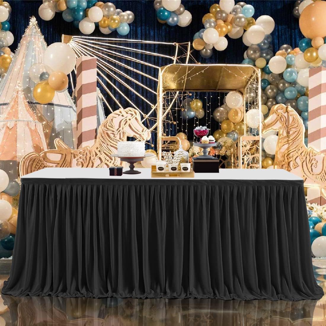 12ft Black Table Skirts for Rectangle Tables Polyester Table Skirt Desk Skirts Ruffle Tablecloth Skirt for Birthday Party Banquet Black Theme Party Wedding Bridal Shower Table Decorations