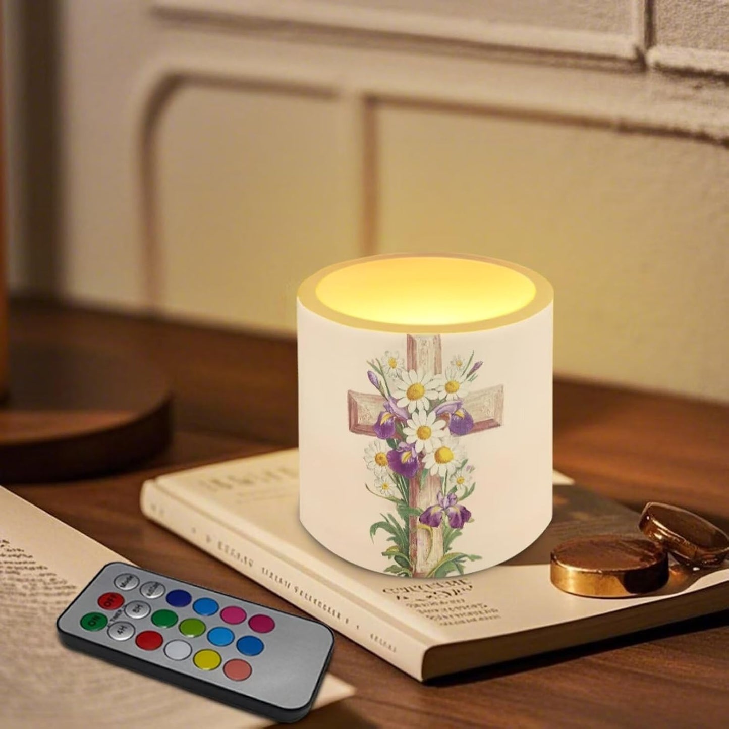 Poceacles 4 Pack Flameless LED Candles with Remote Timer, Multi-Color Battery Powered Flameless Tealights for Living Room Bedroom Home Decor, Cross Daisy Violet Flower Beige