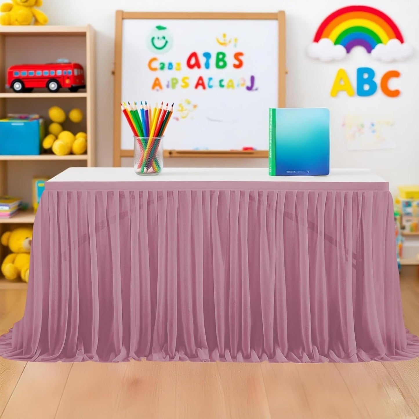 6FT Tulle Table Skirt for Teacher Desk Rectangular Ruffle Table Back to School Supplies for Kindergarten Preschool Middle School Classroom Decor, Dark Purple