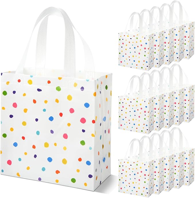 Sweetude 16 Pcs Colorful Dots Gift Bag with Handles Party Favors Non Woven Reusable Tote for Women Wedding Birthday Baby Shower Mothers Day Party Decorations(Colorful, Dots)
