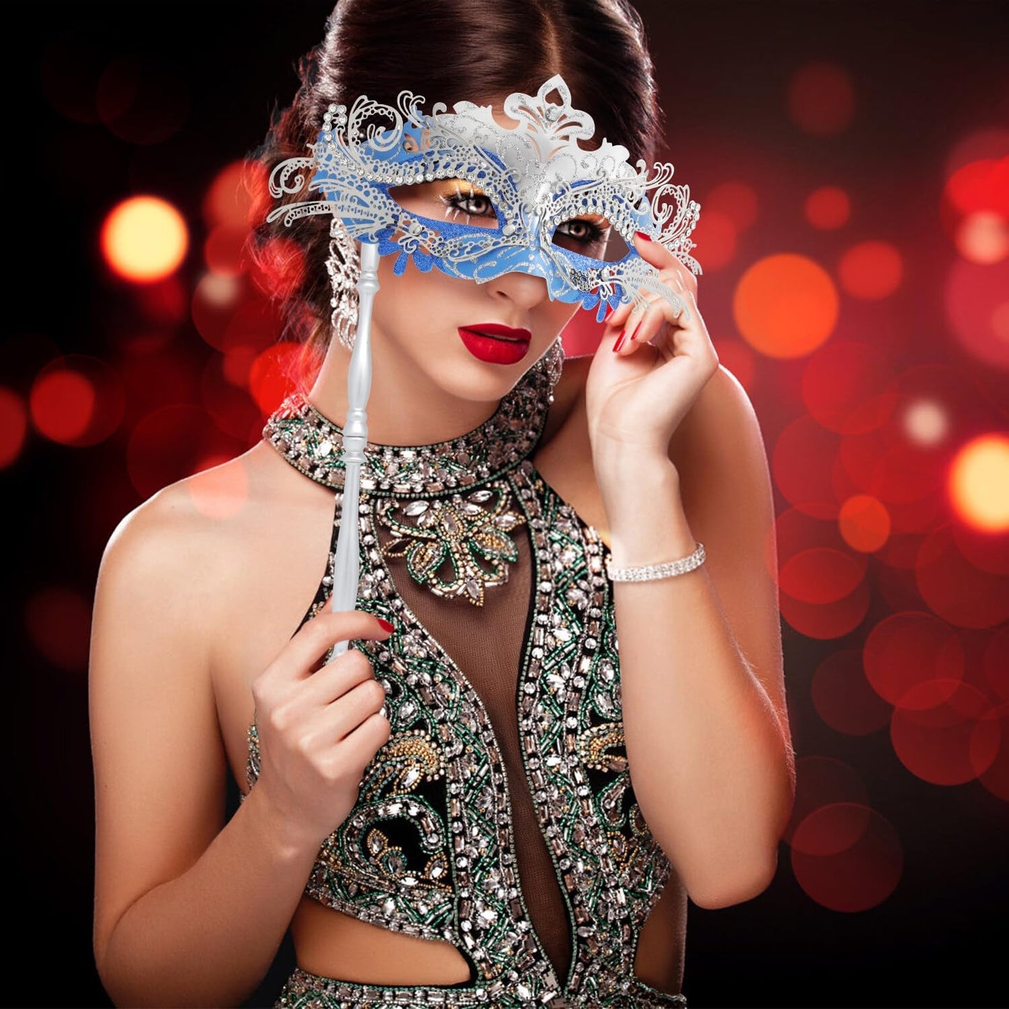Coddsmz Masquerade Mask with Stick Venetian Mask Mardi Gras Decorations for Womens Halloween Costume Mask