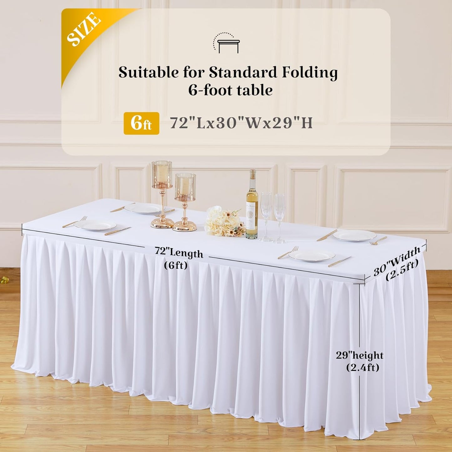 HB HBB MAGIC 6 Pack White Tablecloths for 6 Foot Rectangle Tables, Elegant Pleated Table Skirt – Wrinkle Free Stretch Fitted Table Cover for Weddings, Banquets, Birthday Parties & Events