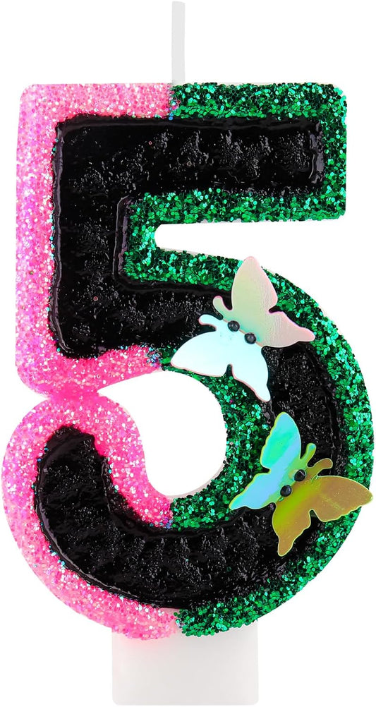 Birthday Number 5 Candles Pink Black and Green Butterfly Birthday Candles for Glitter Cake Topper with Sequins Decorations Girls Women Witch Theme Anniversary Celebrations Supplies