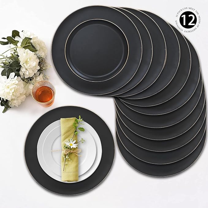 MAONAME Black Charger Plates, 13" Plastic Round Charger for Dinner Plates, Plate Chargers Set of 12, Beaded Table Chargers for Wedding, Table Setting