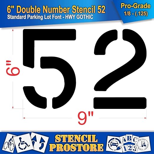 Pavement, Curb, and WheelStop Stencils - 6 inch Double Number Stencil - (52) - 6" x 9" x 1/8" (128 mil) - Pro-Grade