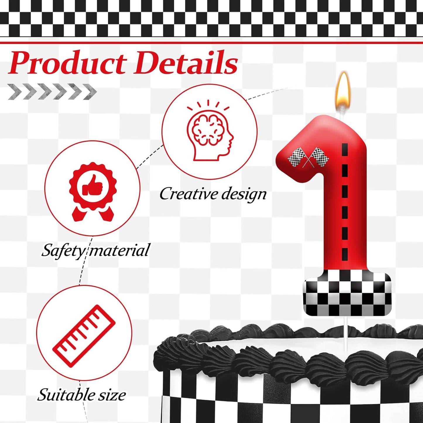 Racing Car Theme Birthday Candle with Checkered Flag Design - Durable Cake Topper for Race Car Party Decorations,Birthday Supplies - Number 1 Candle for Racing Themed Celebrations