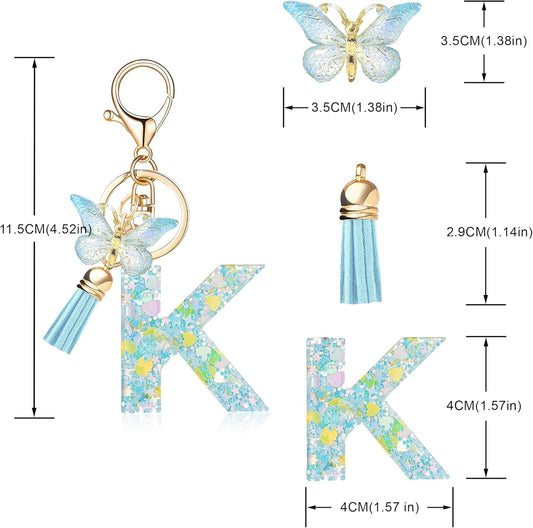 Fashion Alphabet Initial Letter Keychain Tassel Butterfly Pendant Key Ring for Purse Handbags Women Girl