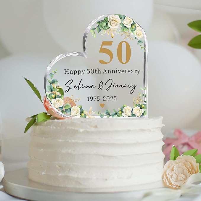Personalized Wedding Anniversary Cake Topper, Acrylic Heart Wedding Cake Topper Decorations Gifts for Couple, Happy Anniversary Cake Toppers for 50th 25th 60th 40th
