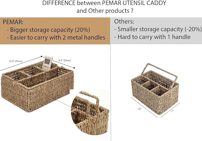 PEMAR Large L-Sized Hand Woven Utensil Caddy Carrier, Natural Jute Wicker Condiment Holder for Table, Kitchen Set Counter Top Silverware Organizer, Rustic Storage Forks, Spoons (Seagrass)