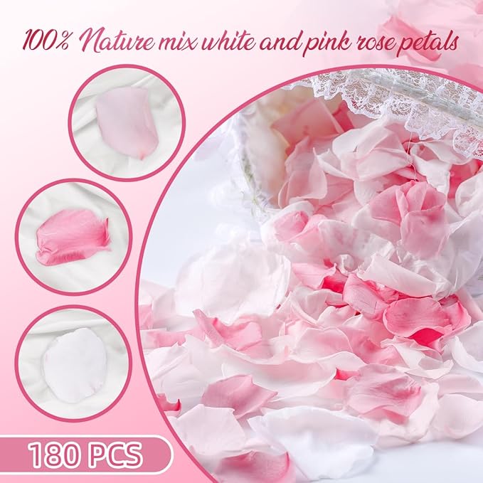 Eslibin 180 PCS Real Pink White Rose Flower Petals Confetti for Wedding to Throw, 1.75oz Freeze Dried Rose Petal for Proposal Centerpieces Romantic Night Decor