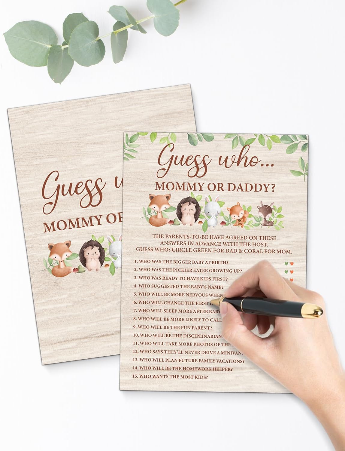 Woodland Baby Shower Games, Guess Who Mommy or Daddy Game, Gender Neutral Boy or Girl, 20 Woodland Forest Animals Theme Game Cards