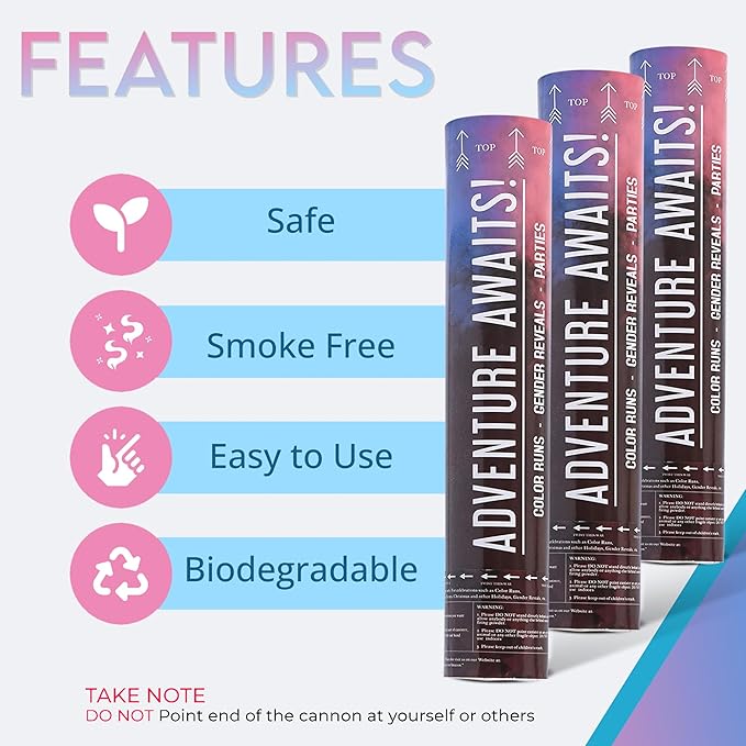Adventure Awaits! - BABY GENDER REVEAL - 4-Pack Hand Held Air Filled Party Popper - 3 options: 4 Blue or 4 Pink or 2 Red/2 Blue - Check our store for other Color Run Festival colors! (4 Baby Blue)
