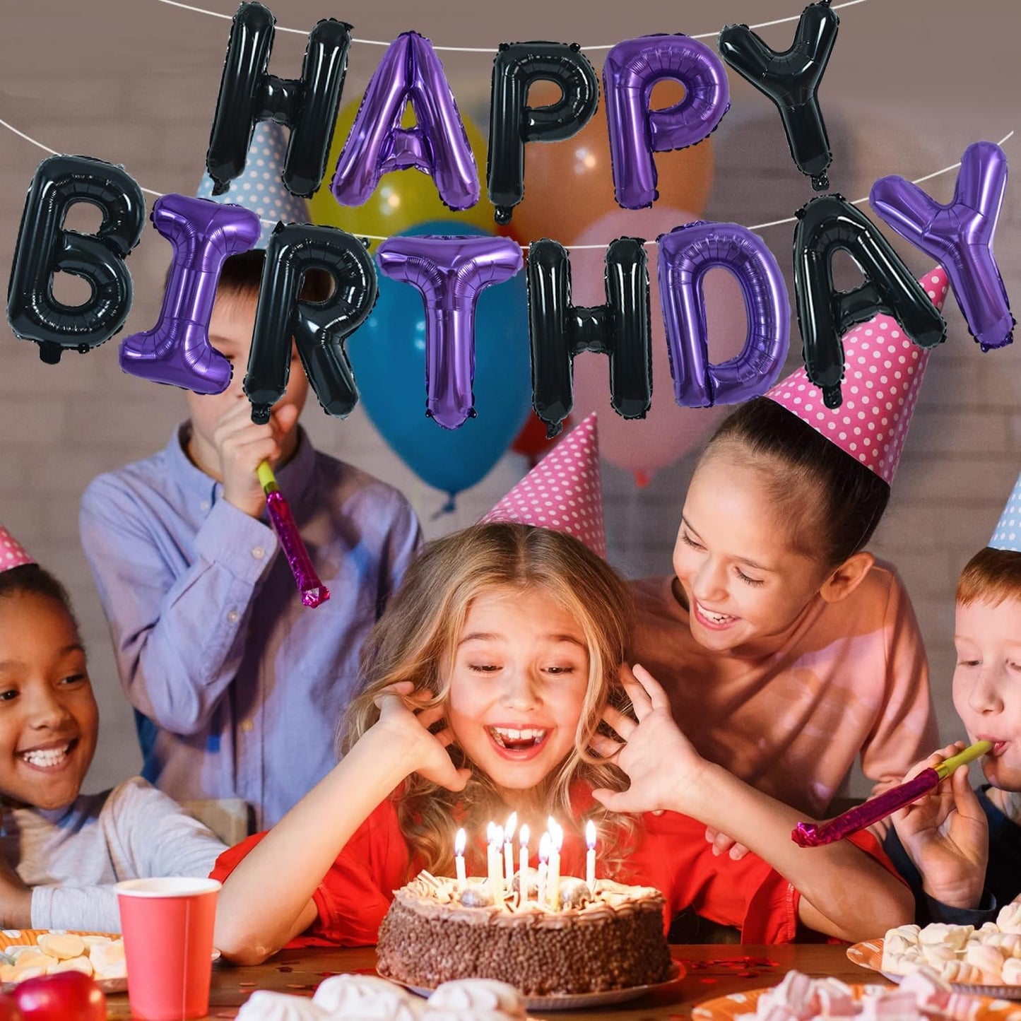 TONIFUL Happy Birthday Balloons Banner 16 Inch Mylar Foil Letters Birthday Sign Banner Bunting Reusable for Girls Boys Kids & Adults Birthday Decorations and Halloween Party Supplies（Black Purple）