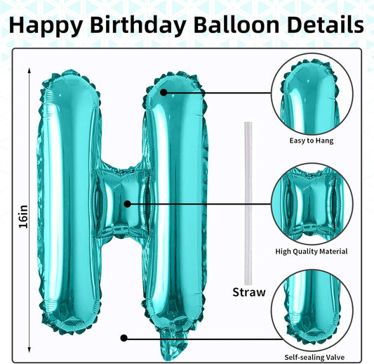 Blue and Green Happy Birthday Balloon Banner, 16 Inch Teal Blue and Lime Green Happy Birthday Bunting Banner Letter Foil Balloons for Boys Ocean Under the Sea Theme Birthday Party Decorations Supplies