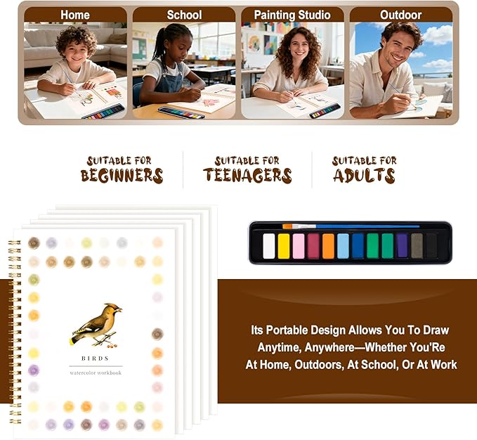 Kivzex Watercolor Workbook for Adults, Beginner Friendly Watercolor Painting Kit Birds Water Coloring Book, Nature-Themed Practice Art Gift Water Color Paint Book with Palette and Brush
