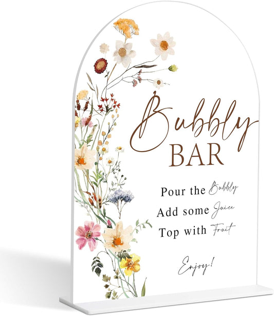 Bubbly Bar Sign, Flower Style Bubbly Bridal Shower Sign for Wedding, Engagement, Bridal Shower and Reception, Bridal Shower Decorations, Wedding Shower Favors, 6X8 Inch Acrylic Arch Sign with Stand,4