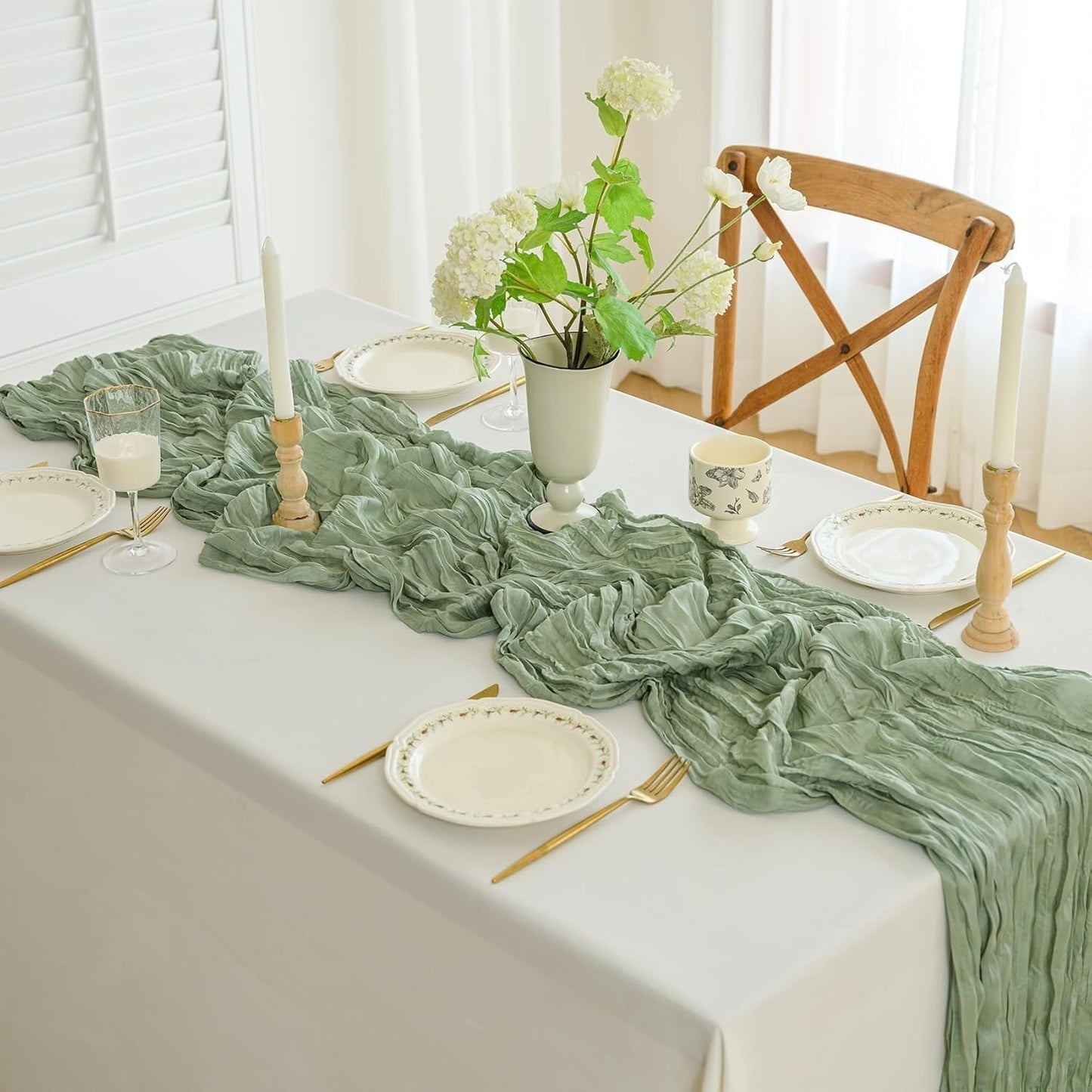 6 Pack Sage Green Table Runner, 35x120 Inch Cheesecloth Table Runner, Boho Gauze Table Runners, Rustic Sheer Cheese Cloth Table Runners for Wedding, Baby Shower, Birthday Party, Home Decor