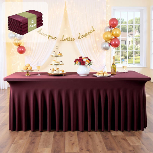 Outpain 8ft Spandex Table Cloth for Standard Folding Tables-4Pack Burgundy Table Cloth Table Protector for Party, Wedding, Cocktail, Banquet, Festival