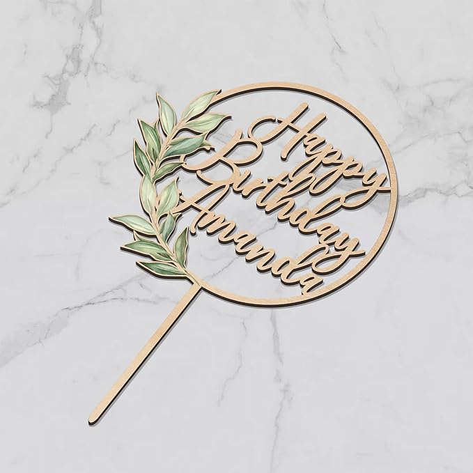 Birthday Cake Topper Custom Name with Green Leaves Wooden Personalized Happy Birthday Cake Decoration Party Topper Design 03