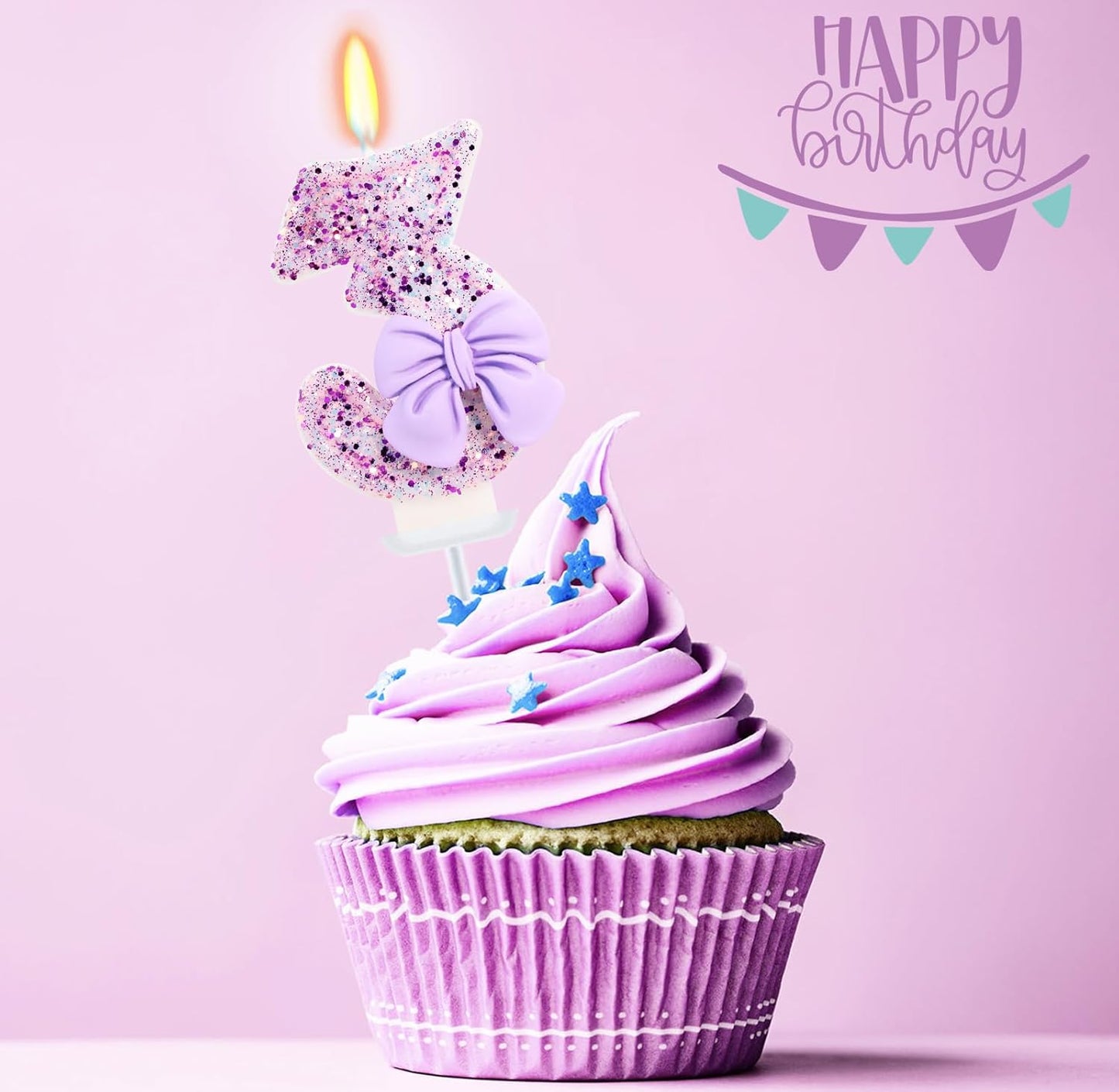 Birthday Candle for Cake, 3 Candle - Purple Glitter with Bowknot, 2.76 inch Cake Topper Decoration for 3 Years Old Birthday Party (Number 3)