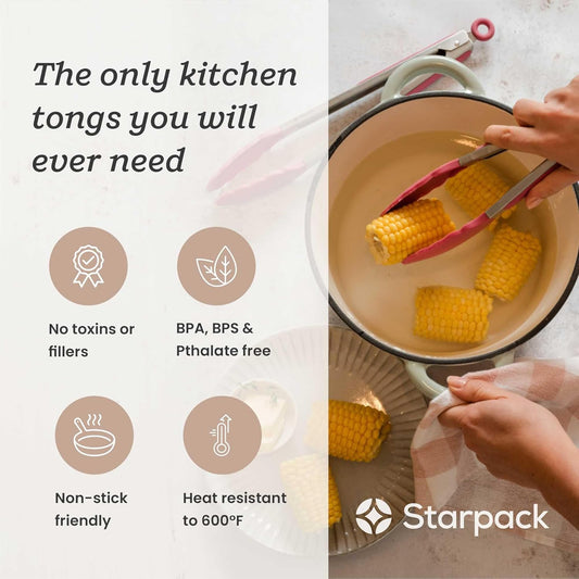 Starpack 'Get a Grip' Silicone Kitchen Tongs for Cooking (2Pcs) - BBQ Tongs for Grill Heat Resistant to 600°F - Stainless Steel Kitchen Utensils w/Non Stick Silicone Tips - 9",12" for Serving Food