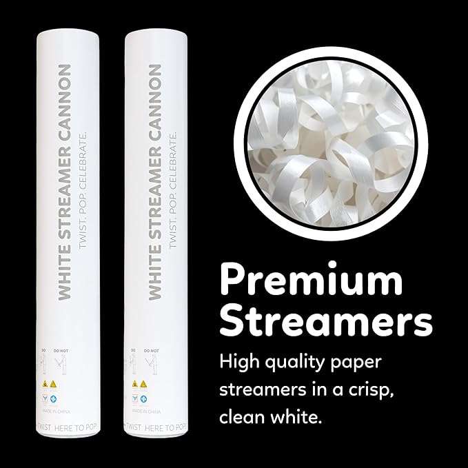 2 Pack Streamer Cannon Confetti Poppers | Biodegradable White Streamers | TUR Party Supplies | Launches Up to 25ft | Giant (12 in) | Party Poppers for Graduation, Birthdays, Weddings, and Memorial Day
