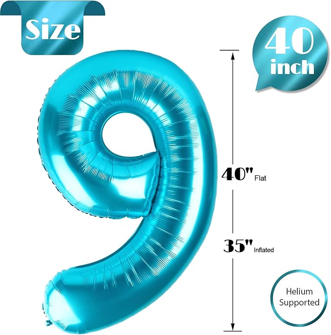 Light Blue Number 9 Balloon 40 Inch, 9th Birthday Party Decorations for Children, Giant 9 Foil Balloon for Party Supplies