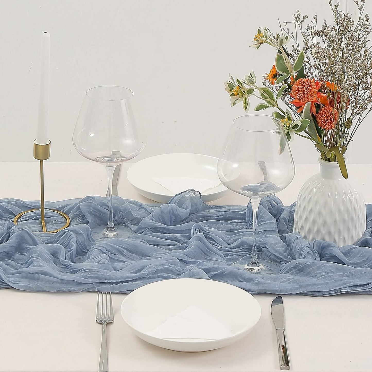 DOLOPL 8PCS Dusty Blue Cheesecloth Table Runner Bulk 13.3ft Boho Gauze Cheese Cloth Table Runner Rustic Sheer Runner 160inch Long for Wedding Bridal Baby Shower Birthday Party Cake Table Decorations