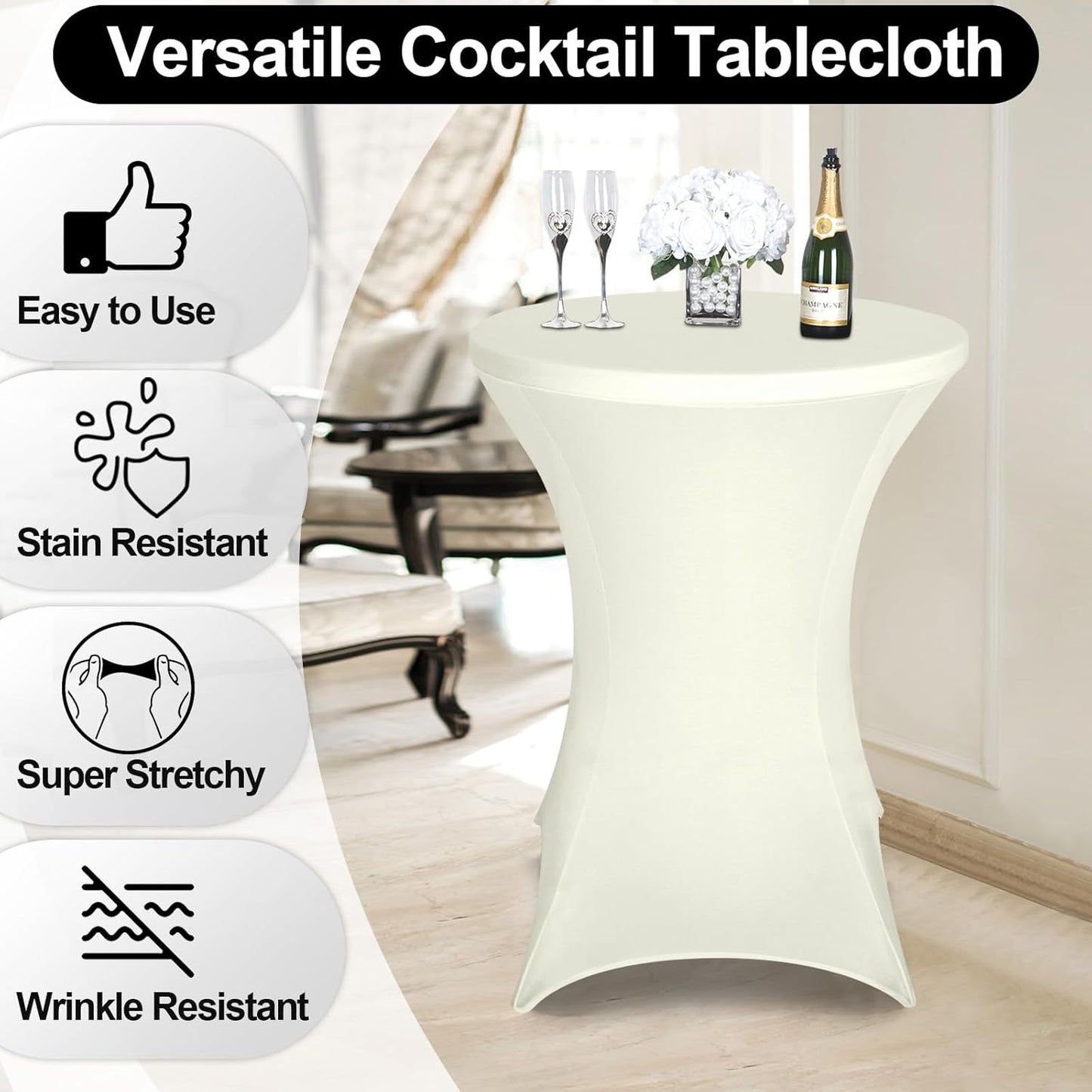 FestiCorp 10 Pack Spandex Cream Table Cover, Cocktail Fitted Tablecloths, Round Highboy Stretch Table Covers Cloths for Party, DJ, Bar, Wedding, Birthday, Banquet, 30"-32" Diameter x 40"-43" Height