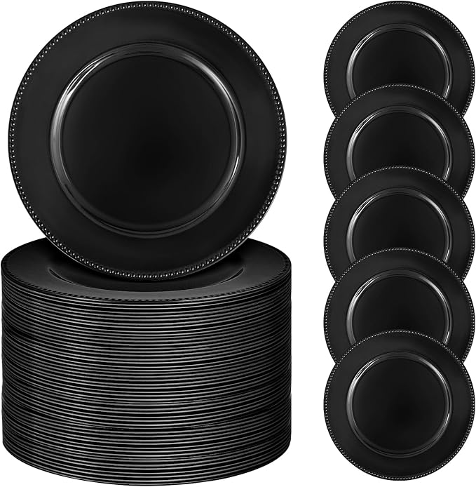 50 Pcs Black Charger Plates Bulk, 13" Round Beaded Plate Chargers for Dinner Plates, Decorative Dinner Chargers Plastic Table Chargers for Wedding Holiday Party Baby Shower Event Decoration (Black)