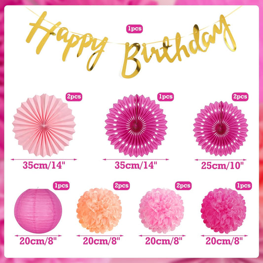 SUNBEAUTY Hot Pink Birthday Party Decorations for Girls Women with Happy Birthday Banner Hot Pink Paper Fans Tissue Pom Poms Lantern Decorations Birthday Decorations Kit