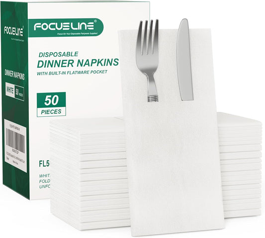 FOCUSLINE 50 Count Disposable Cloth-Like Napkins, Built-in Flatware Pocket, Prefolded Linen Feel White Napkins