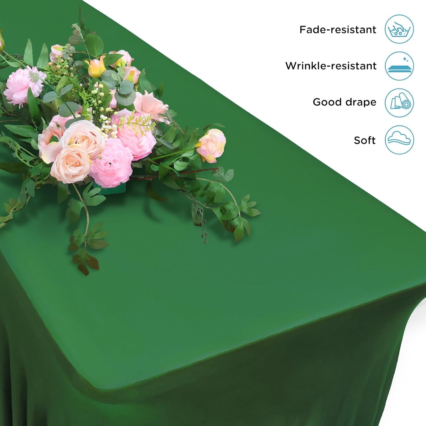 Table Skirts for 6ft Rectangle Tables - 2PCS Green Table Covers for 6 Foot Tables, Wrinkle Resistant Ruffles Elastic Table Cloths and Table Skirt for Banquets/Weddings/Parties/Birthday