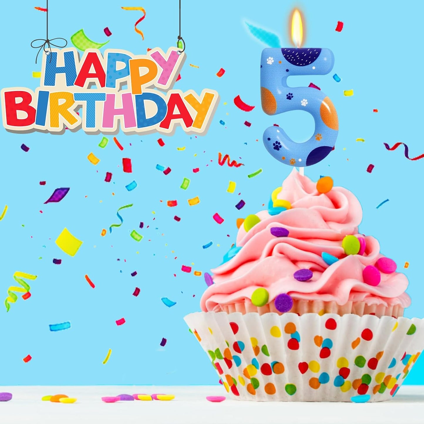 Blue Dog Paw Birthday Candles, Number 5 Print Party Supplies, 2.76 Inch Cake Topper Decorations (Number 5)