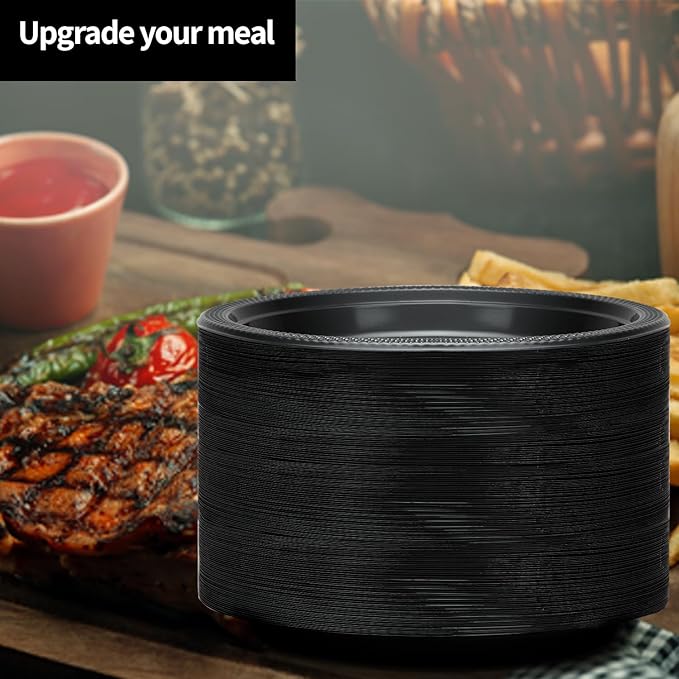 Hanna K. Signature Collection Black Plastic Plates 7 Inch - 600 count Solid Round Party For Weddings, BBQs, Birthday Disposable Dessert (81070 (case))